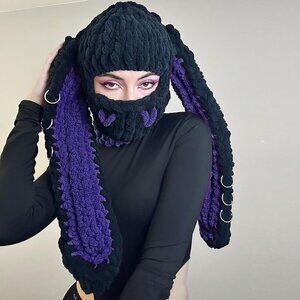 Women's Black Purple Bunny Hat Knit Plush Long Ears Fluffy Cosplay Party Hat
